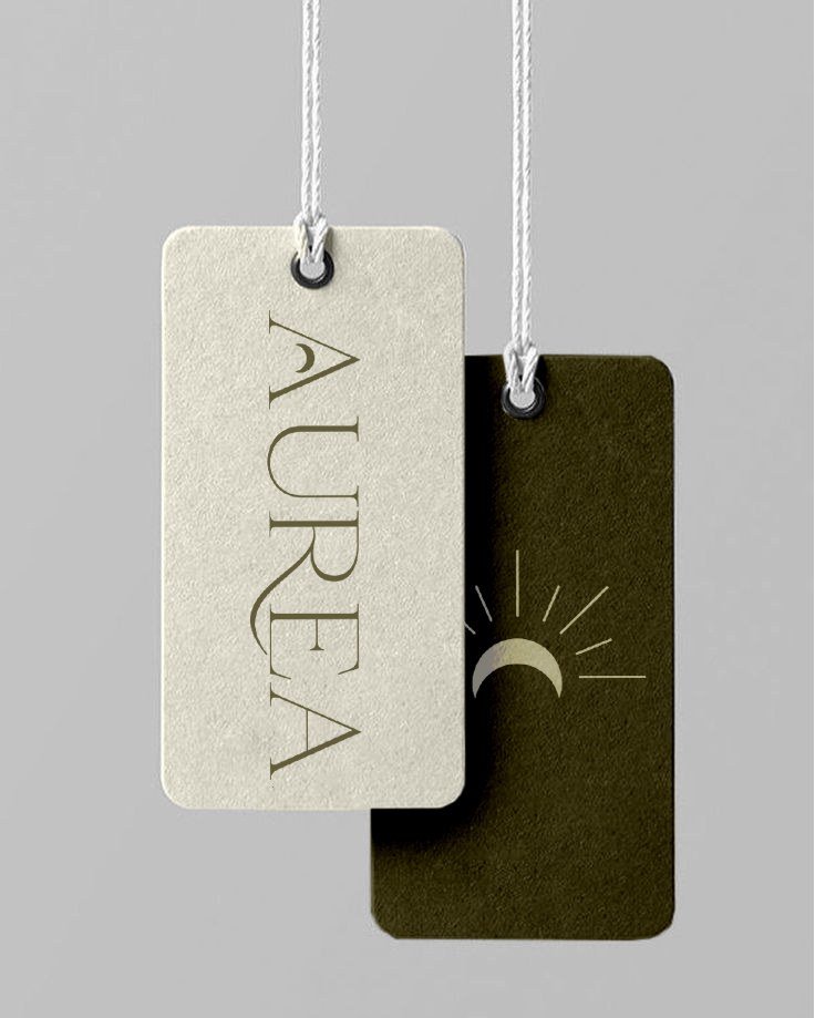 AUREA hang tags — cream and olive