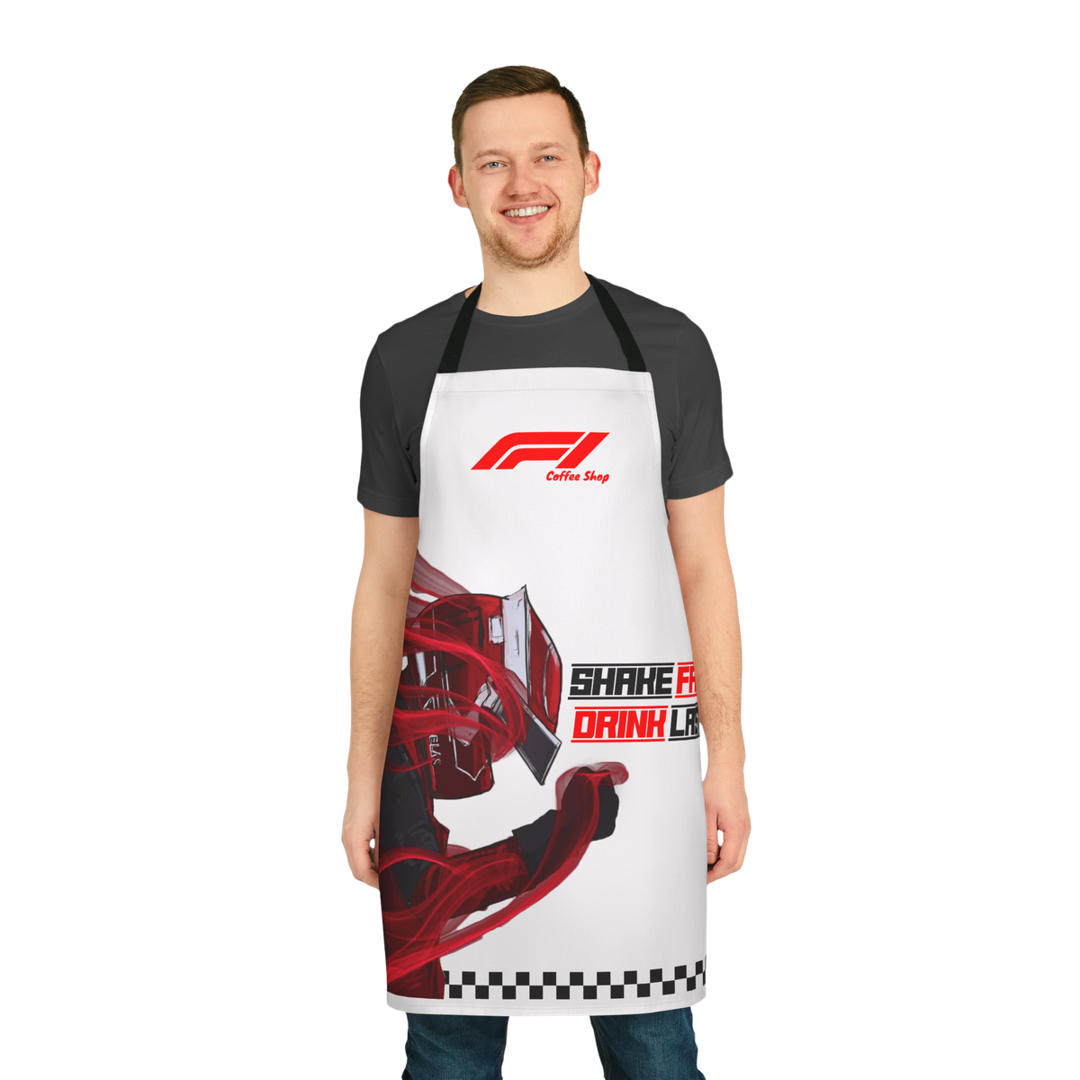 F1 Coffee barista apron — mark, driver art and checkered hem