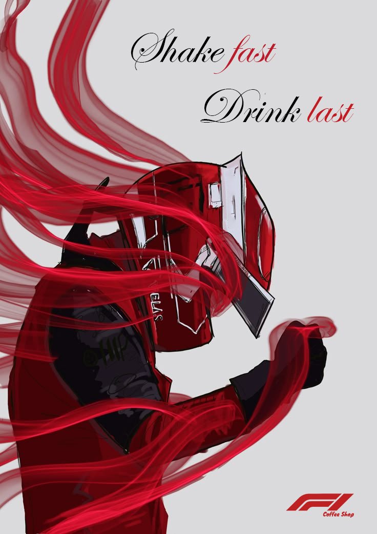 F1 Coffee poster — driver in red ribbons, script slogan