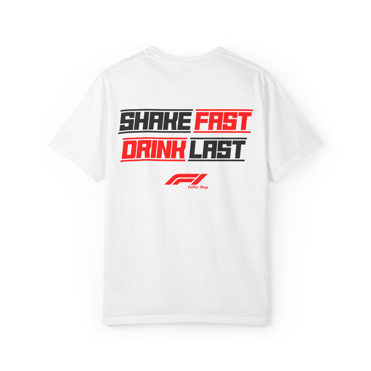 F1 Coffee tee back — full slogan stack with the mark